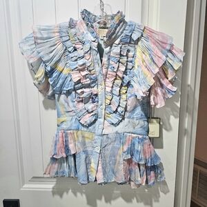 La Fuori Blouse Top Size Small Nautical Nomad Pleated Top Blue Pink Pastels NWT